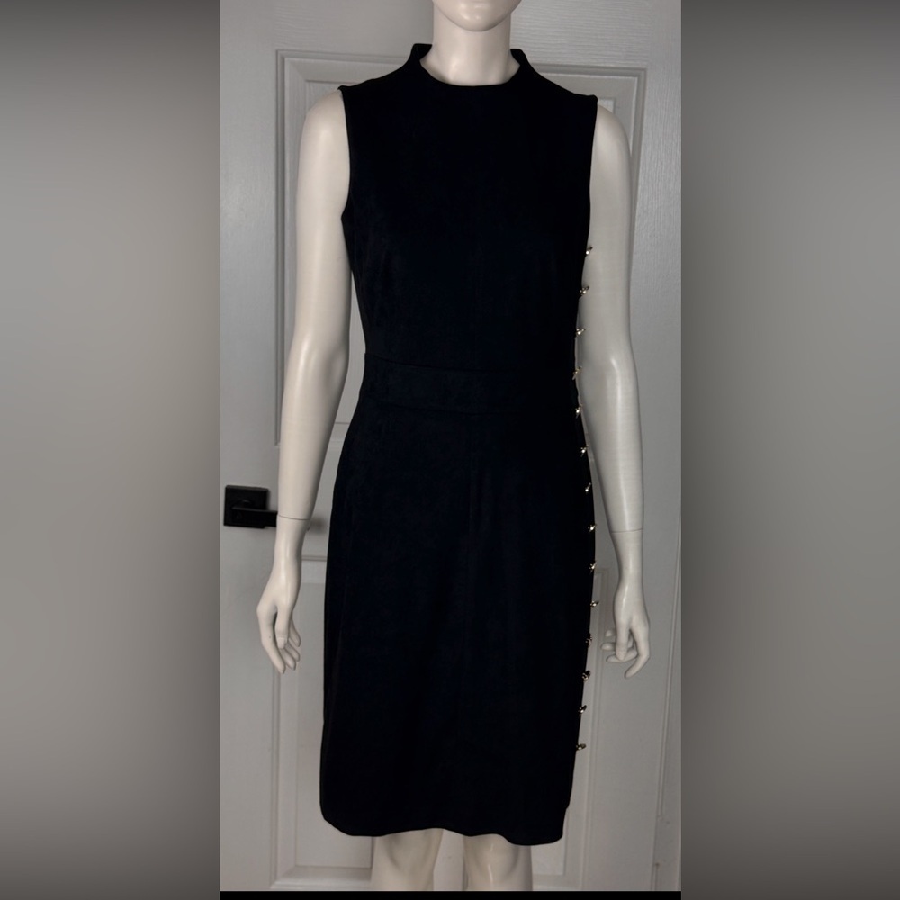 KARLIAGERFELD Elegant Black Sleeveless Dress gold side buttons Size 4